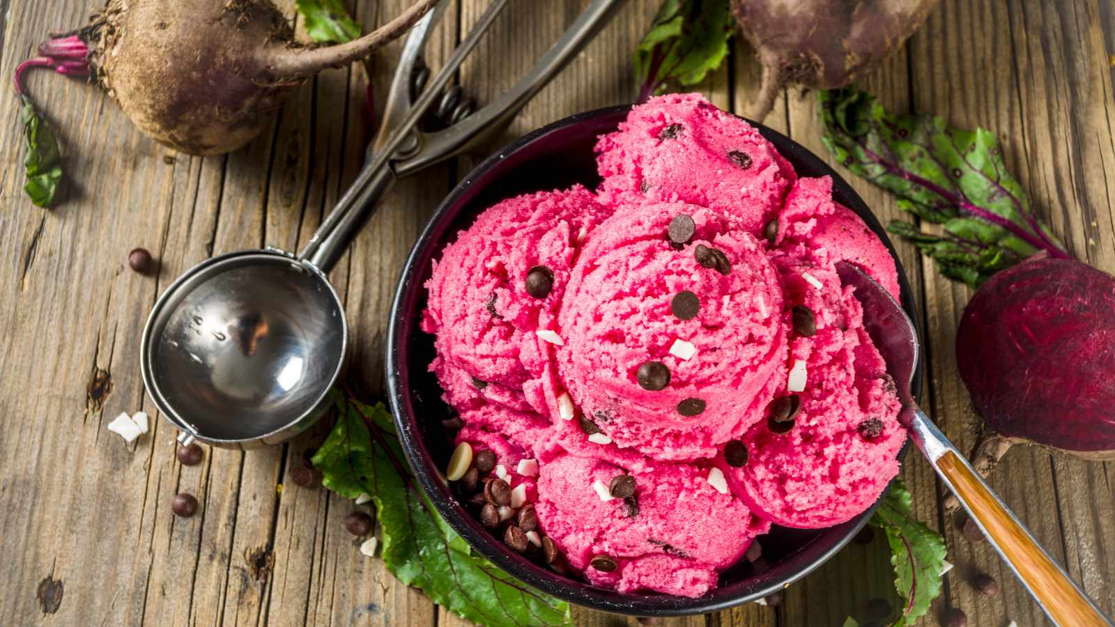 Beets ice cream and chocolate topping