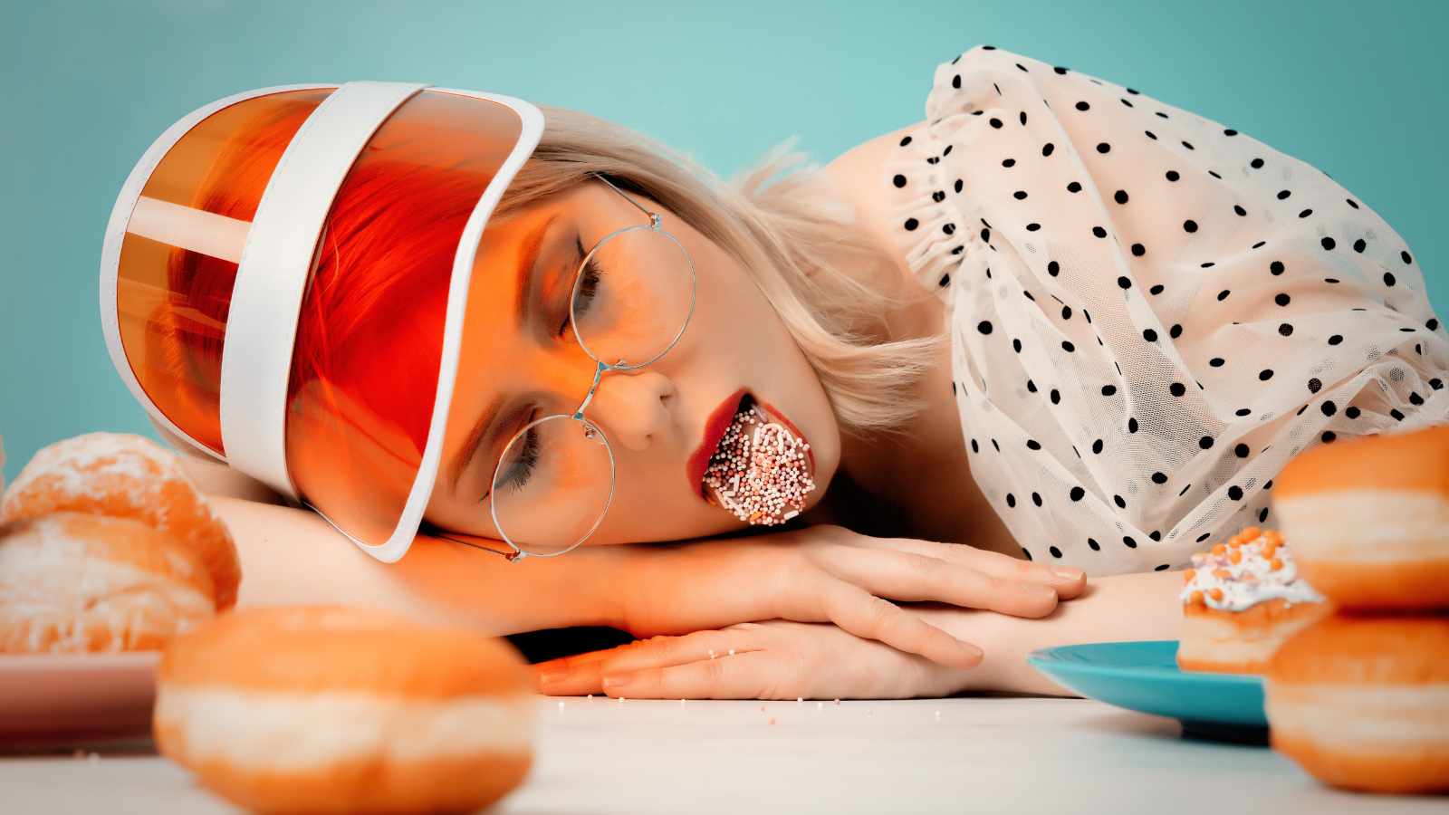woman in 90s clothes overeats doughnuts