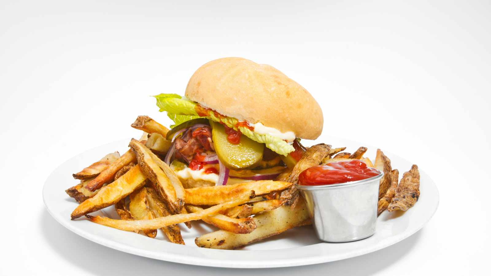 Large meal of burger and fries